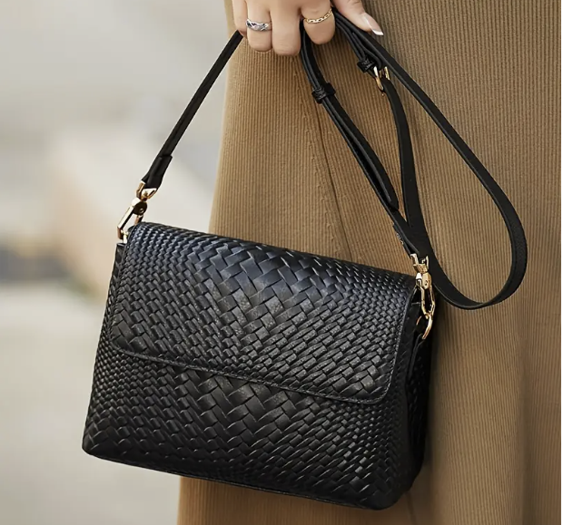 Women's Genuine Leather Crossbody Bag – Woven Texture, Gold Accents & Luxurious Retro Design
