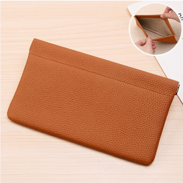 Self-Closing Leather Long Bag with Magnetic Closure