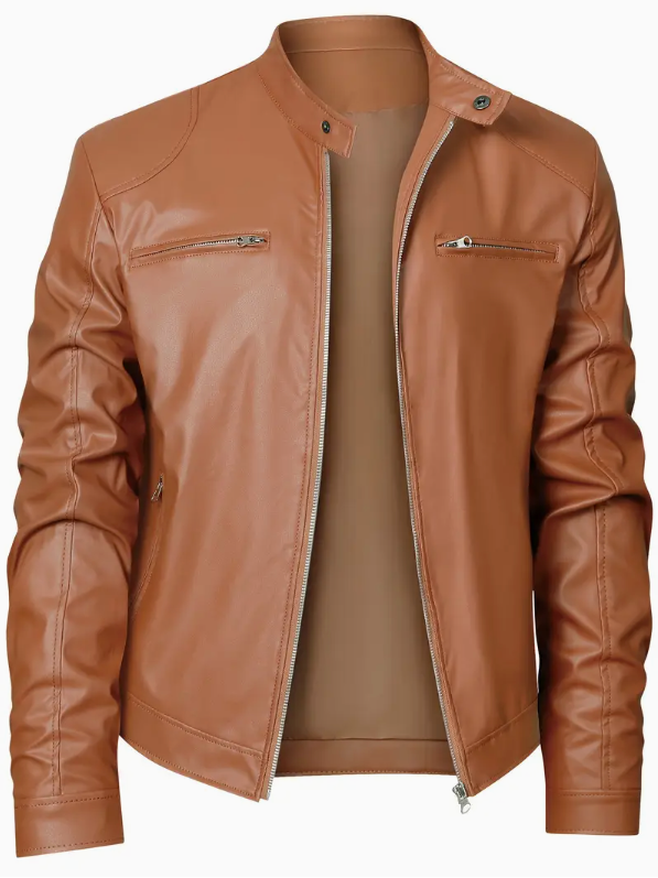 Casual Leather Jacket with Stand Collar