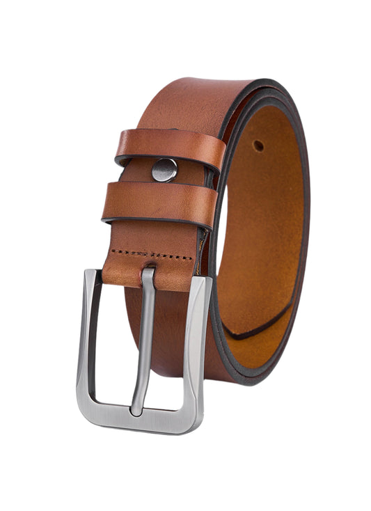 Luxurious men's leather belt - full leather in cognac color - durable and elegant men's belt buckle with vintage pattern