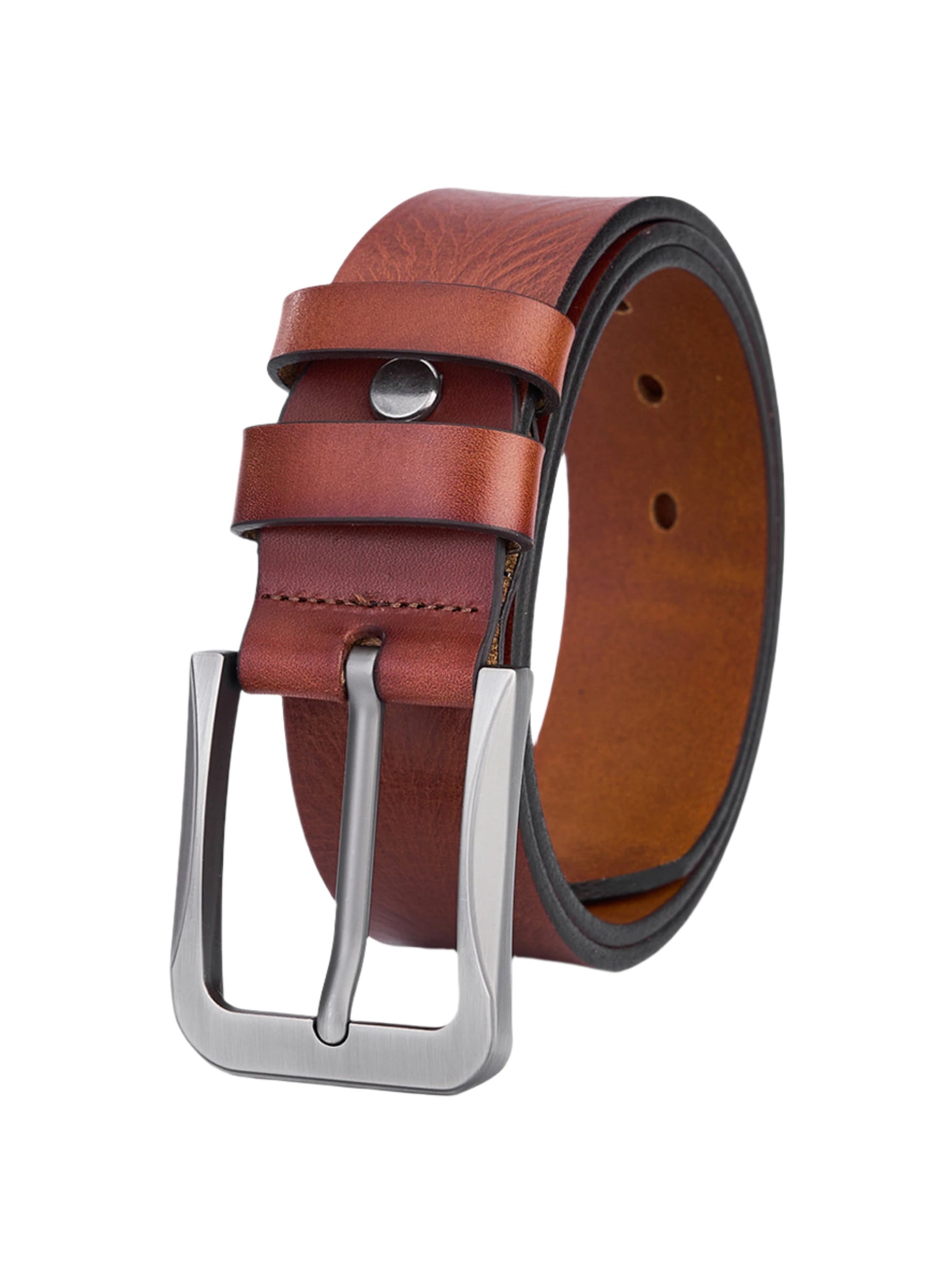 Luxury Round Leather Belt for Men - Full Leather with Vintage Pattern - Durable and Elegant Brown Leather Quality