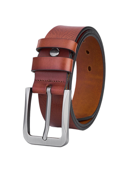 Luxury Round Leather Belt for Men - Full Leather with Vintage Pattern - Durable and Elegant Brown Leather Quality