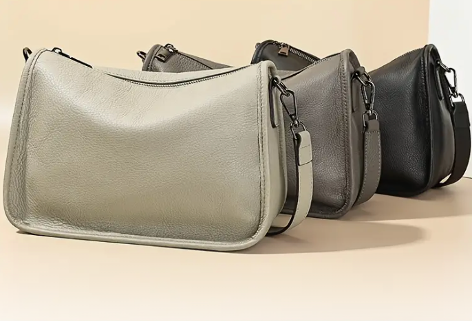 Leather Shoulder Bag - Adjustable Strap, Zipper