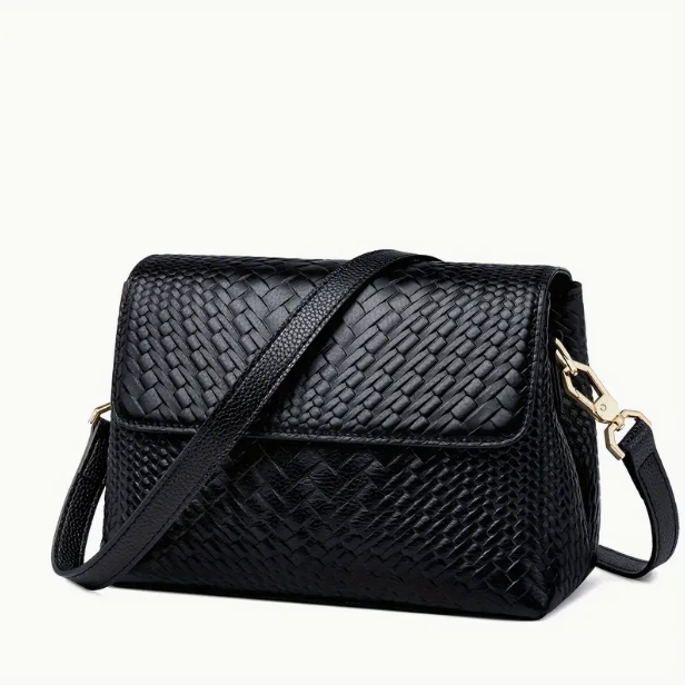 Women's Genuine Leather Crossbody Bag – Woven Texture, Gold Accents & Luxurious Retro Design