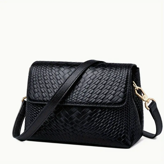 Women's Genuine Leather Crossbody Bag – Woven Texture, Gold Accents & Luxurious Retro Design
