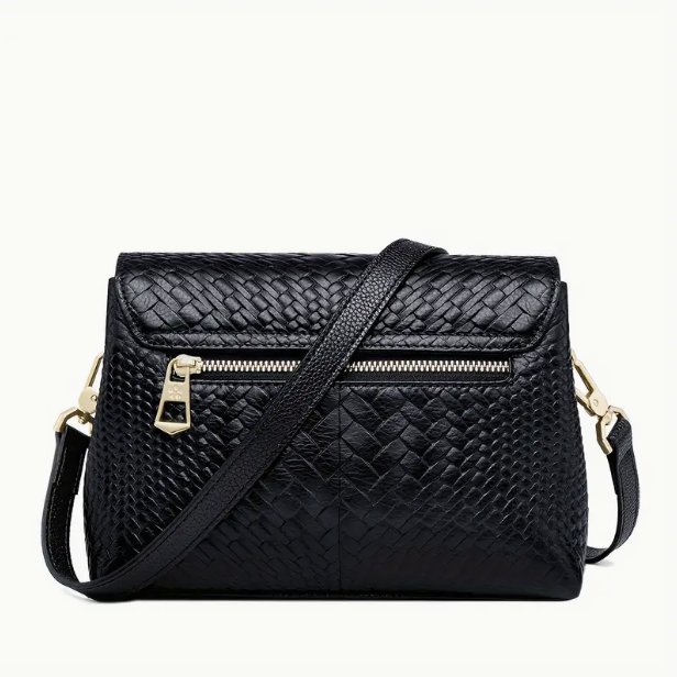 Women's Genuine Leather Crossbody Bag – Woven Texture, Gold Accents & Luxurious Retro Design
