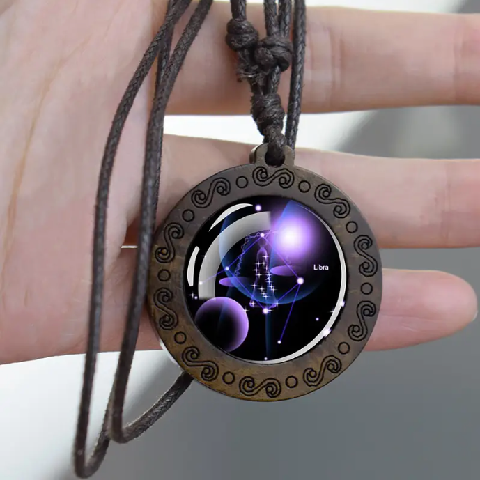 Zodiac Sign Necklace with Adjustable Genuine Leather Band