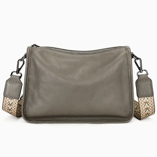 Leather Shoulder Bag - Adjustable Strap, Zipper
