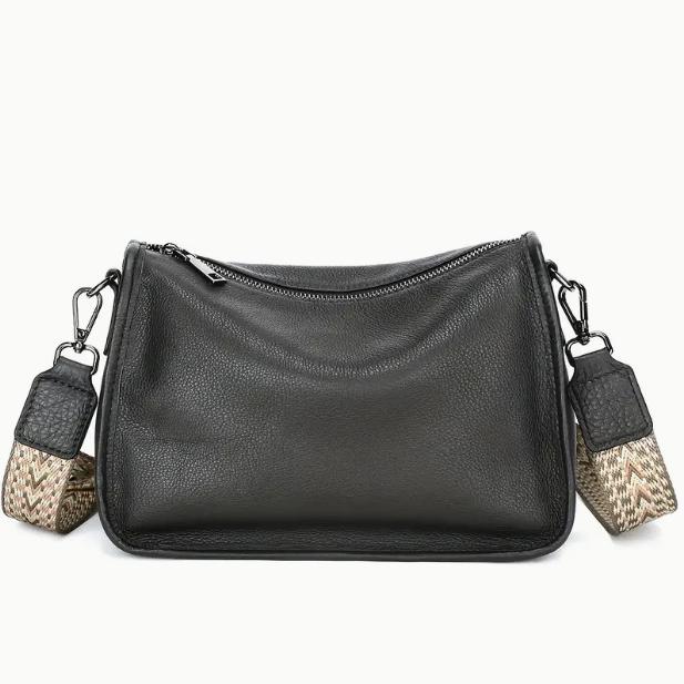 Leather Shoulder Bag - Adjustable Strap, Zipper