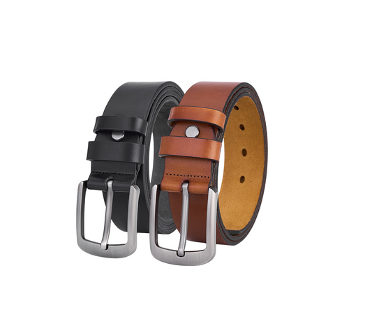 Set of 2 luxurious round leather belts – black & cognac – full-grain leather – rugged and durable men's wedding belts