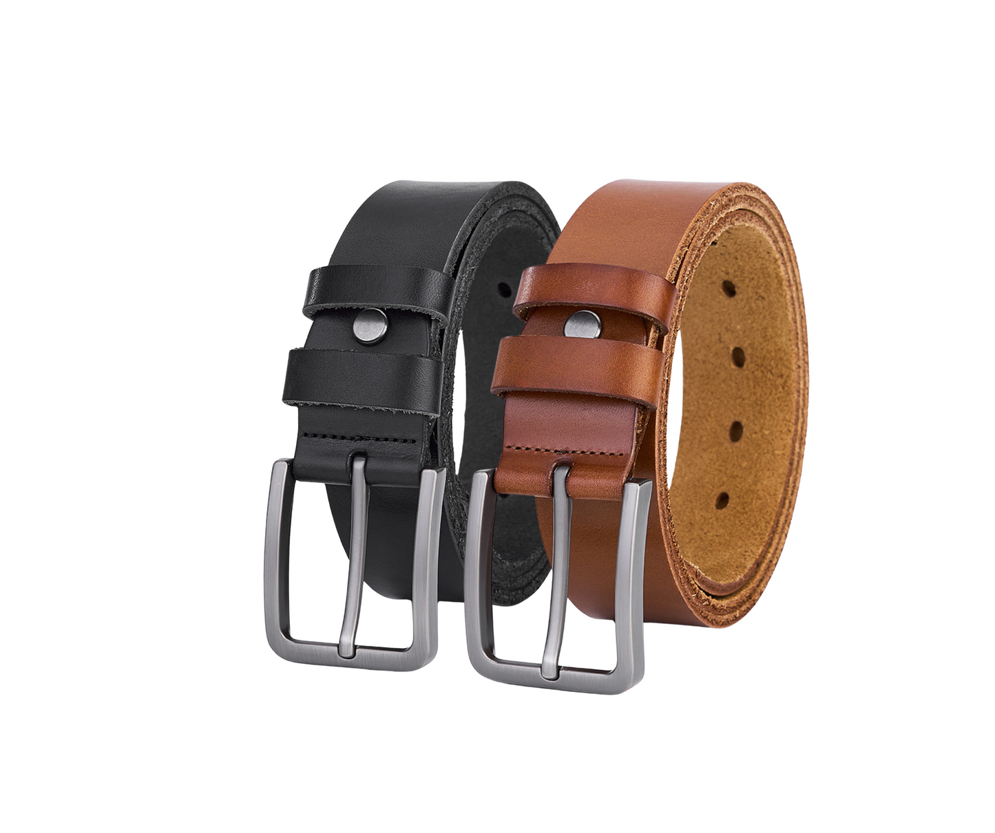 Set of 2 luxurious round leather belts in black and cognac – full leather, sturdy and durable men's support belts