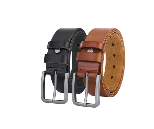 Set of 2 luxurious round leather belts in black and cognac – full leather, sturdy and durable men's support belts