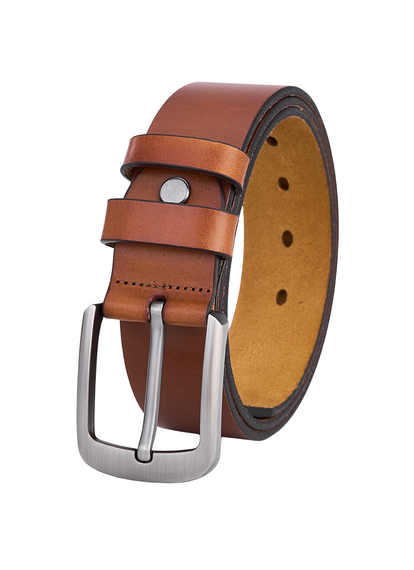 Stylish Round Leather Belt in Cognac – Full Leather, Durable Leather Belt for Men